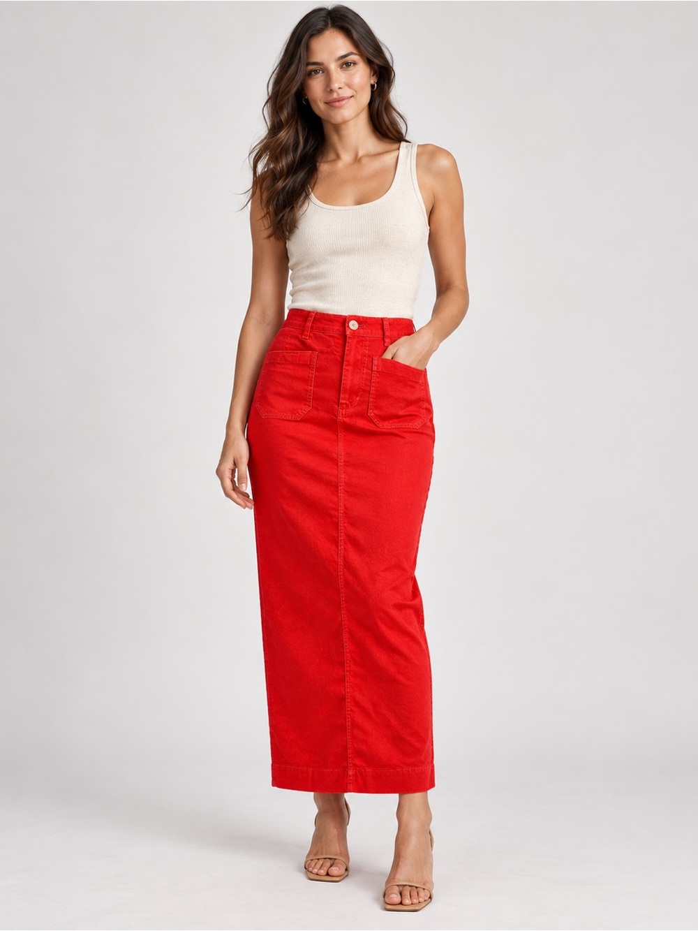 Anthropologie Red High-Waist Maxi Skirt